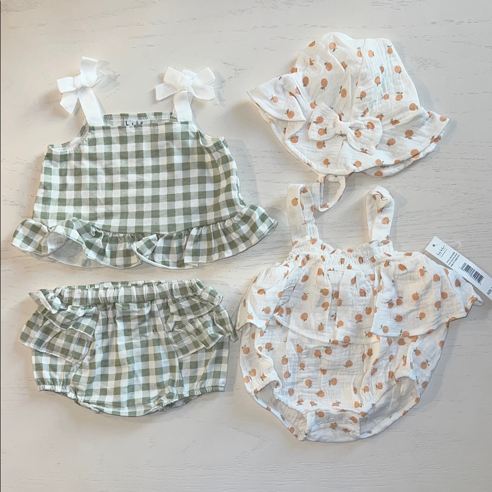 Nicole Miller Fall 4 Piece Set Gingham Peaches Bubble Romper Hat 12 18 24 months